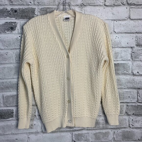 Vintage Cable Knit V-Neck Button Front Fishermans Cardigan Sweater New - Picture 1 of 14